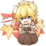 1girl :d black_dress blonde_hair blue_eyes bowsette bracelet chibi claw_pose collar dress eyebrows_visible_through_hair hair_between_eyes horns jewelry lowres nail_polish new_super_mario_bros._u_deluxe nintendo open_mouth ponytail satou_(shiny_sugar87) shell smile solo speech_bubble spiked_armlet spiked_bracelet spiked_collar spiked_tail spikes strapless strapless_dress super_crown super_mario_bros. tail thick_eyebrows v-shaped_eyebrows