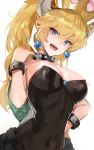  1girl bangs bare_shoulders black_dress blonde_hair blue_eyes blush bowsette bracelet breasts brooch cleavage collar collarbone commentary_request covered_navel crown dress earrings hair_between_eyes hand_on_hip highres horns jewelry large_breasts long_hair looking_at_viewer super_mario_bros. new_super_mario_bros._u_deluxe nintendo open_mouth ormille ponytail sharp_teeth simple_background solo sparkle spiked_bracelet spiked_collar spikes super_crown super_mario_bros. tail teeth turtle_shell waist white_background 