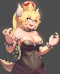  1girl absurdres bare_shoulders blonde_hair blue_eyes bowsette bracelet breasts claws cleavage collar crown dress earrings highres horns jewelry large_breasts long_hair looking_at_viewer super_mario_bros. nintendo pointy_ears ponytail sharp_teeth solo spiked_bracelet spiked_collar spikes super_crown teeth 