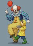  2boys :d balloon black_eyes blue_background blue_pants blush bodysuit boots brown_hair chanta_(ayatakaoisii) clown georgie_denbrough gloves highres holding it_(stephen_king) jacket long_sleeves male_focus multiple_boys open_mouth pants paper_boat pennywise raincoat redhead rubber_boots sanpaku simple_background smile standing standing_on_one_leg walking white_gloves 