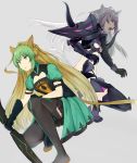  2girls agrius_metamorphosis ahoge animal_ears atalanta_(alter)_(fate) atalanta_(fate) blonde_hair boots collar dual_persona fate/grand_order fate_(series) green_eyes grey_hair highres long_hair mosta_(lo1777789) multicolored_hair multiple_girls one_knee pink_hair tail thigh-highs thigh_boots two-tone_hair very_long_hair 