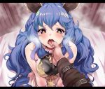  1boy 1girl animal_ears bangs bare_shoulders bed black_shirt blue_hair blush breasts breath brown_eyes buckle choker commentary_request erune eyebrows_visible_through_hair ferry_(granblue_fantasy) finger_in_another&#039;s_mouth from_above granblue_fantasy hair_between_eyes heart heart-shaped_pupils heavy_breathing kztk letterboxed long_hair long_sleeves looking_at_viewer medium_breasts open_mouth out_of_frame pov pov_hands red_choker shiny shiny_hair shirt sidelocks skirt sleeveless sleeveless_shirt solo_focus steam sweat symbol-shaped_pupils tongue tongue_out v_arms very_long_hair wavy_hair white_skirt 