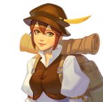  1girl bag blush brown_hair dress green_eyes hat jewelry looking_at_viewer mella necklace octopath_traveler short_hair simple_background smile solo tressa_(octopath_traveler) white_background 