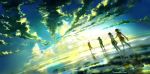  2boys 2girls barefoot clouds commentary dutch_angle english_commentary highres holding holding_shoes horizon knite long_hair multiple_boys multiple_girls original reflection scenery shoes shoes_removed short_hair sky walking walking_on_liquid water wenqing_yan 