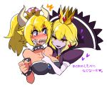  2girls blue_eyes blush bowsette choker cropped_torso crown earrings elbow_gloves eyebrows_visible_through_hair finger_to_another&#039;s_chest gloves hand_on_another&#039;s_face heart horns jewelry long_hair looking_at_another super_mario_bros. multiple_girls new_super_mario_bros._u_deluxe nintendo paper_mario paper_mario:_the_thousand_year_door pointy_ears possessed princess_peach purple_skin red_eyes shadow_queen sharp_teeth short_hair simple_background super_crown tanpopo_hayabusa-maru teeth trait_connection white_background yellow_sclera yuri 