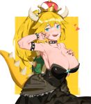  1girl armlet bangs bare_shoulders black_choker black_dress black_nails blonde_hair bowsette bracelet breasts brooch brown_hair choker cleavage collarbone crown dress fingernails furrowed_eyebrows genderswap genderswap_(mtf) heart highres horns jewelry large_breasts super_mario_bros. nail_polish new_super_mario_bros._u_deluxe nintendo ponytail sharp_fingernails solo spiked_bracelet spiked_choker spikes strapless strapless_dress super_crown super_mario_bros. tail tommy830219 turtle_shell 