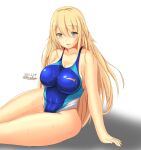  1girl alternate_costume aqua_swimsuit atago_(kancolle) blonde_hair blue_swimsuit breasts collarbone competition_swimsuit covered_navel dated eyebrows_visible_through_hair green_eyes hair_between_eyes highres kantai_collection large_breasts long_hair looking_at_viewer montemasa multicolored multicolored_clothes multicolored_swimsuit one-piece_swimsuit open_mouth shadow signature sitting smile solo swimsuit twitter_username white_background white_swimsuit 