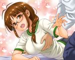  1boy 1girl akizuki_ritsuko antenna_hair black-framed_eyewear blush braid breast_grab breasts brown_eyes brown_hair commentary_request glasses grabbing grabbing_from_behind gym_uniform hair_over_shoulder hida_tatsuo idolmaster idolmaster_(classic) large_breasts looking_at_viewer medium_hair single_braid solo_focus 