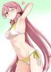  1girl akashi_(kantai_collection) arm_up armpits bangs bikini blush breasts cleavage closed_mouth commentary_request cowboy_shot eyebrows_visible_through_hair green_bikini green_eyes hair_between_eyes hair_ribbon heart kantai_collection kumadano long_hair looking_at_viewer low_twintails navel one_eye_closed pink_hair ribbon side-tie_bikini sideboob simple_background smile solo standing swimsuit twintails very_long_hair 