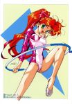  1994 90s absurdres clothes_writing dated erect_nipples green_eyes gymnast_leotard half-soles high_ponytail highres holding hoop hula_hoop leotard long_hair looking_at_viewer open_mouth original redhead suzuki_gamma 