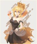  1girl :d armlet bangs bare_arms bare_shoulders beige_background black_collar black_dress blonde_hair blue_eyes bowsette bracelet breasts brooch cleavage collar collarbone commentary_request cowboy_shot crown dress earrings eyebrows_visible_through_hair fire flame hair_between_eyes hand_on_hip hand_up highres horn jewelry large_breasts looking_at_viewer super_mario_bros. mini_crown new_super_mario_bros._u_deluxe nintendo open_mouth ponytail rin_falcon short_hair simple_background smile solo spiked_armlet spiked_bracelet spiked_collar spiked_shell spikes strapless strapless_dress super_crown super_mario_bros. 