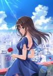 1girl aqua_eyes bangs bare_back blue_dress breasts brown_hair building cityscape clouds commentary_request dress earrings flower holding holding_flower idolmaster idolmaster_cinderella_girls jewelry lens_flare long_hair looking_at_viewer looking_back medium_breasts open_mouth petals shibuya_(tokyo) shibuya_109 shibuya_rin short_sleeves sidelocks sky solo sunlight tamakaga thigh-highs valentine wind 