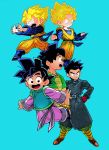  5boys :d age_progression alternate_hairstyle aqua_background aqua_eyes bitz777 black_eyes black_hair character_name chinese_clothes clothes_writing coat dragon_ball dragon_ball_xenoverse dragonball_z flying full_body gloves hand_on_hip happy long_sleeves looking_at_viewer looking_away male_focus multiple_boys multiple_persona open_mouth outstretched_arms profile red_gloves short_hair simple_background smile son_goten spiky_hair spread_legs standing super_saiyan 