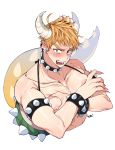  1boy blush bowsette covering covering_chest cropped_torso embarrassed genderswap genderswap_(ftm) halterneck highres horns looking_at_viewer male_focus super_mario_bros. muscle new_super_mario_bros._u_deluxe nintendo nipples pectorals sharp_teeth solo spiked_shell spiked_tail super_crown tail teeth white_background 