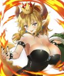  1girl armlet armpits bangs bare_shoulders black_collar black_leotard black_nails blonde_hair blue_eyes blush bowsette bracelet breasts brooch cleavage collar collarbone commentary_request crown dress earrings eyebrows_visible_through_hair fingernails fire hands_up holding horns jewelry large_breasts leotard long_hair looking_at_viewer super_mario_bros. melynx_(user_aot2846) nail_polish new_super_mario_bros._u_deluxe nintendo pointy_ears ponytail sharp_fingernails sharp_teeth shell sidelocks skindentation solo spiked_bracelet spiked_collar spiked_shell spiked_tail spikes strapless strapless_leotard super_crown tail teeth tongue tongue_out turtle_shell upper_teeth v-shaped_eyebrows white_background 