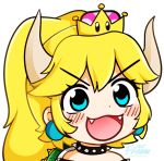  &gt;:d 1girl blush bowsette collar commentary earrings eyelashes fangs fream gyate_gyate horns jewelry long_hair super_mario_bros. meme new_super_mario_bros._u_deluxe nintendo open_mouth ponytail simple_background solo spiked_armlet spiked_collar spikes super_crown turtle_shell watermark white_background 
