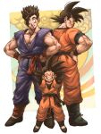  3boys arms_behind_head arms_up black_hair brothers closed_eyes dougi dragon_ball dragonball_z father_and_son full_body grin hand_on_hip happy height_difference highres long_sleeves looking_back looking_down makumaku male_focus multiple_boys short_hair siblings sleeveless smile son_gohan son_gokuu son_goten spiky_hair standing wristband 