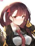  1girl absurdres black_gloves black_jacket blazer blush breasts chin_rest closed_mouth commentary eyebrows_visible_through_hair girls_frontline glint gloves hair_ribbon half_updo highres jacket long_hair long_sleeves looking_at_viewer necktie nose_blush purple_hair red_eyes red_neckwear red_ribbon ribbon simple_background solo upper_body wa2000_(girls_frontline) white_background yanggang 