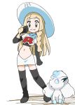  1girl alolan_form alolan_vulpix black_gloves blonde_hair braid cosplay creatures_(company) elbow_gloves game_freak gen_1_pokemon gloves green_eyes hainchu hat lillie_(pokemon) long_hair midriff musashi_(pokemon) musashi_(pokemon)_(cosplay) navel nintendo parted_lips pokemon pokemon_(anime) pokemon_(creature) pokemon_sm_(anime) simple_background skirt solo standing sun_hat team_rocket_uniform thigh-highs twin_braids white_background white_hat white_skirt zettai_ryouiki 