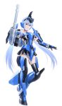  1girl absurdres blue_eyes blue_hair eblmeka firearm frame_arms_girl full_body gatling_gun gun highres long_hair looking_at_viewer mecha_musume simple_background smile solo stylet twintails weapon white_background 