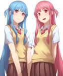  2girls :d arms_behind_back bangs blue_hair blush brown_skirt closed_mouth collared_shirt eyebrows_visible_through_hair kotonoha_akane kotonoha_aoi kurione_(zassou) long_hair multiple_girls necktie one_side_up open_mouth pink_hair pleated_skirt red_eyes red_neckwear shirt short_sleeves siblings simple_background sisters skirt smile straight_hair sweater_vest teeth very_long_hair voiceroid white_background white_shirt 