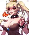  1girl bare_shoulders black_dress blonde_hair bowsette bracelet breasts breathing_fire clearpage cleavage collar dress earrings fingernails fire hair_between_eyes hand_up horns jewelry large_breasts long_fingernails super_mario_bros. new_super_mario_bros._u_deluxe nintendo open_mouth ponytail red_eyes sharp_fingernails sharp_teeth solo spiked_armlet spiked_bracelet spiked_collar spikes strapless strapless_dress super_crown teeth upper_body 