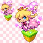  1girl blonde_hair blue_eyes blush braid chibi commentary_request dress earrings elbow_gloves eyebrows gloves grass hair_between_eyes happy jewelry looking_at_viewer lowres super_mario_bros. new_super_mario_bros._u_deluxe nintendo one_eye_closed patterned_background peachette pink_dress pink_earrings pink_gloves pink_hair pixel_art puffy_short_sleeves puffy_sleeves reflective_eyes shiny shiny_hair shirosu short_hair short_sleeves sidelocks skirt_hold smile solo sparkle super_crown toadette twin_braids 