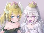  2girls armlet bangs black_dress blonde_hair blue_eyes blush bowsette breasts brown_background collar commentary crown dress elbow_gloves english_commentary eyebrows_visible_through_hair fangs frilled_dress frilled_gloves frills gloves gradient gradient_background grey_background grin hair_between_eyes hands_up highres hikari_niji horns long_hair looking_at_viewer luigi&#039;s_mansion super_mario_bros. mini_crown multiple_girls new_super_mario_bros._u_deluxe nintendo pointy_ears ponytail princess_king_boo puffy_short_sleeves puffy_sleeves sharp_teeth short_sleeves silver_hair small_breasts smile spiked_armlet spiked_collar spikes strapless strapless_dress super_crown teeth tongue tongue_out twitter_username v-shaped_eyebrows very_long_hair violet_eyes white_dress white_gloves younger 