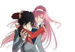  1boy 1girl bangs black_hair closed_eyes commentary_request couple darling_in_the_franxx fangs floating_hair hair_ornament hairband hand_on_another&#039;s_arm hand_on_another&#039;s_head hetero hiro_(darling_in_the_franxx) horns hug hug_from_behind long_hair long_sleeves military military_uniform necktie oni_horns orange_neckwear pink_hair red_horns red_neckwear uniform user_akmu8832 white_hairband zero_two_(darling_in_the_franxx) 