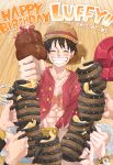  1boy 2015 abs arm_up artist_name bangle beer_mug black_hair boned_meat bracelet character_name closed_eyes collarbone commentary_request compass cup dated english facial_scar food grin happy_birthday hat highres holding holding_cup hooves indian_style jewelry meat monkey_d_luffy mug one_piece open_clothes red_ribbon red_shirt ribbon scar scar_on_cheek shirt sitting skeletal_hand smile straw_hat taromako wooden_floor 