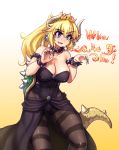  1girl :d bare_shoulders black_dress black_nails blonde_hair blue_eyes bowsette bracelet breasts breathing_fire brooch brown_legwear claw_pose collar collarbone commentary covered_navel crown dress earrings english_commentary eyebrows_visible_through_hair fang fingernails fire gradient gradient_background hair_between_eyes hater_(hatater) highres horns jewelry large_breasts long_fingernails long_hair super_mario_bros. nail_polish new_super_mario_bros._u_deluxe nintendo open_mouth panties pointy_ears sharp_fingernails smile solo spiked_armlet spiked_bracelet spiked_collar spiked_shell spiked_tail spikes strapless strapless_dress super_crown tail turtle_shell underwear yellow_background 