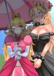  2girls bare_shoulders black_dress blonde_hair blush bowsette bracelet breasts collar collarbone commentary_request crown dress earrings elbow_gloves fang gloves horns jewelry kokuryuugan large_breasts long_hair super_mario_bros. multiple_girls nintendo one_eye_closed pink_dress princess_peach smile spiked_bracelet spiked_collar spikes super_crown super_mario_bros. sweatdrop thick_eyebrows umbrella white_background 
