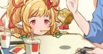  animal_ears blonde_hair blush cellphone chest clenched_hand drink eating food food_in_mouth french_fries granblue_fantasy hair_ornament hanosuke harvin mahira_(granblue_fantasy) peeking phone pointy_ears red_eyes simple_background white_background 