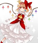  1girl artist_request ascot blonde_hair blush crossover crystal eyebrows_visible_through_hair fang flandre_scarlet hair_between_eyes highres super_mario_bros. new_super_mario_bros._u_deluxe nintendo puffy_short_sleeves puffy_sleeves red_eyes red_skirt ribbon short_sleeves side_ponytail skirt super_crown super_mario_bros. touhou wings 