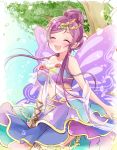  1girl :d arihara_(arhr0) blush breasts butterfly_wings closed_eyes fairy hair_bun hair_ribbon happy large_breasts long_hair love_live! love_live!_school_idol_project open_mouth pointy_ears purple_hair ribbon shawl skirt smile solo toujou_nozomi tree twintails wings 