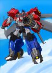  1boy absurdres autobot awdh8375 clouds gatling_gun gun headgear highres holding holding_gun holding_weapon insignia machine machine_gun machinery mask mecha minigun no_humans optimus_prime robot science_fiction sky transformers transformers_prime weapon wings 