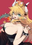  1girl :d bangs bare_arms bare_shoulders black_choker black_dress black_nails blonde_hair blush bowsette bracelet breasts choker cleavage collarbone crown dress earrings eyebrows_visible_through_hair fingernails fire flame green_eyes hair_between_eyes hand_up highres horn jewelry large_breasts long_hair looking_at_viewer super_mario_bros. mini_crown nail_polish new_super_mario_bros._u_deluxe nintendo open_mouth pointy_ears red_background sh_(562835932) sharp_fingernails simple_background skirt_hold smile solo spiked_bracelet spiked_tail spikes strapless strapless_dress super_crown super_mario_bros. tail tongue upper_body 