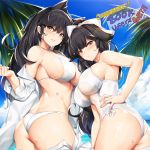  2girls alternate_costume animal_ears ass atago_(azur_lane) azur_lane bangs bare_shoulders beach bikini black_hair blue_sky blush bow breasts brown_eyes clouds commentary cowboy_shot day extra_ears eyebrows_visible_through_hair frown hair_bow hair_flaps hair_ribbon hand_on_hip hand_up large_breasts long_hair long_sleeves looking_at_viewer looking_back mole mole_under_eye multiple_girls ocean off_shoulder one-piece_swimsuit outdoors palm_leaf palm_tree parted_lips ponytail ribbon sand shiny shiny_skin shirt sideboob sidelocks skindentation sky smile sun sunlight swept_bangs swimsuit takao_(azur_lane) thighs tony_guisado tree twisted_torso undressing very_long_hair water_drop wet white_bikini white_bow white_ribbon white_shirt white_swimsuit 