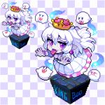  crown dress ghost hair_between_eyes lowres luigi&#039;s_mansion super_mario_bros. nintendo pixel_art princess_king_boo shirosu super_crown tongue tongue_out violet_eyes white_dress white_hair 