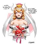  1girl blonde_hair blue_eyes blush bouquet bowsette breasts bridal_veil cleavage collar crown dress earrings english flower genderswap genderswap_(mtf) highres horns jewelry large_breasts super_mario_bros. new_super_mario_bros._u_deluxe nintendo piranha_plant spiked_armlet spiked_collar spikes super_crown tsundere veil wedding_dress 