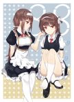  2girls absurdres bangs black_footwear breasts brown_hair closed_mouth even_(17245601) eyebrows_visible_through_hair girls_frontline hair_ornament hair_ribbon hairband hairpin highres js_9_(girls_frontline) legs_crossed looking_at_another looking_at_viewer maid multiple_girls red_eyes red_neckwear ribbon sidelocks socks twintails type_79_(girls_frontline) white_hairband white_legwear white_ribbon yuri 