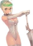  1girl aestus_estus ahoge bare_shoulders blonde_hair breasts cleavage closed_mouth elbow_gloves eyebrows_visible_through_hair fate/extra fate/extra_ccc fate_(series) full-length_zipper gloves green_eyes holding holding_sword holding_weapon laurel_crown leotard lock looking_at_viewer medium_breasts nero_claudius_(bride)_(fate) nero_claudius_(fate)_(all) padlock padlocked_collar revision short_hair simple_background smile solo sparkle standing strapless strapless_leotard sungwon sword thigh-highs thighs weapon white_background white_gloves white_legwear white_leotard zipper 