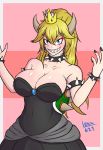  1girl absurdres armlet bangs bare_shoulders black_dress black_nails blonde_hair blue_eyes bowsette bracelet breasts brooch cleavage collar commentary cowboy_shot crown dress earrings english_commentary highres horns jewelry large_breasts leku623 super_mario_bros. nail_polish new_super_mario_bros._u_deluxe nintendo pink_background pointy_ears ponytail sharp_teeth sidelocks spiked_armlet spiked_bracelet spiked_collar spiked_shell spikes strapless strapless_dress super_crown teeth turtle_shell 