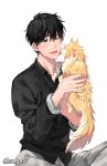  1boy artist_name banana_fish black_hair cat collared_shirt face_licking gearous grey_eyes highres licking male_focus okumura_eiji one_eye_closed open_mouth shirt smile tongue tongue_out 