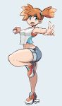  1girl blue_eyes breasts commentary creatures_(company) crop_top crop_top_overhang denim denim_shorts english_commentary fyxe game_freak grey_background holding holding_poke_ball kasumi_(pokemon) medium_breasts navel nintendo one_side_up open_mouth orange_hair outstretched_arms poke_ball pokemon pokemon_(game) pokemon_lgpe shoes short_hair shorts slender_waist sneakers solo standing standing_on_one_leg thick_thighs thighs 