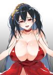  1girl absurdres azur_lane bare_shoulders black_hair breasts choker cleavage commentary_request dress gradient gradient_background grey_background heart heart-shaped_pupils highres huge_breasts kobo_(cobo_0609) long_hair looking_at_viewer red_dress red_eyes smile solo symbol-shaped_pupils taihou_(azur_lane) very_long_hair 