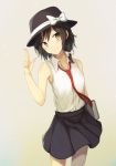 1girl adapted_costume armpits black_skirt blush book bow brown_hair closed_mouth collared_shirt cowboy_shot fedora fumei_(mugendai) grey_background hair_bow hand_up hat hat_bow head_tilt holding holding_book looking_at_viewer medium_skirt necktie red_neckwear shirt short_hair simple_background skirt sleeveless sleeveless_shirt smile solo touhou usami_renko white_bow white_shirt wing_collar yellow_eyes 