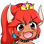  &gt;:d 1girl blush bowsette collar commentary dark_skin earrings eyelashes fangs fream gyate_gyate horns jewelry long_hair super_mario_bros. meme new_super_mario_bros._u_deluxe nintendo open_mouth ponytail red_eyes redhead simple_background solo spiked_armlet spiked_collar spikes super_crown transparent_background turtle_shell watermark 