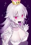  1girl breasts cleavage crown dress frilled_dress frills gloves large_breasts long_hair looking_at_viewer luigi&#039;s_mansion mini_crown open_mouth pink_eyes princess_king_boo sharp_teeth solo super_crown teeth tokki tongue tongue_out upper_body white_dress white_gloves white_hair 