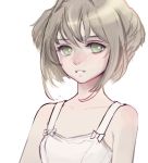  1girl character_request commentary_request green_eyes jang_hj korean_commentary light_brown_hair looking_at_viewer shirt short_hair simple_background solo upper_body white_background white_shirt 